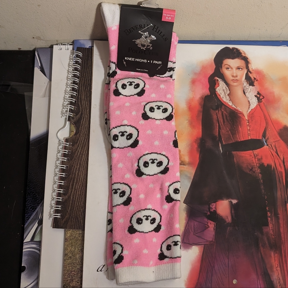 SALE Beverly Hills Polo Club Women's Fashion Pink Knee High Panda Bears Socks